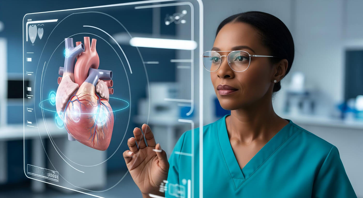 A female medical professional in scrubs interacting with a futuristic, transparent digital interface displaying a 3D model of a human heart.