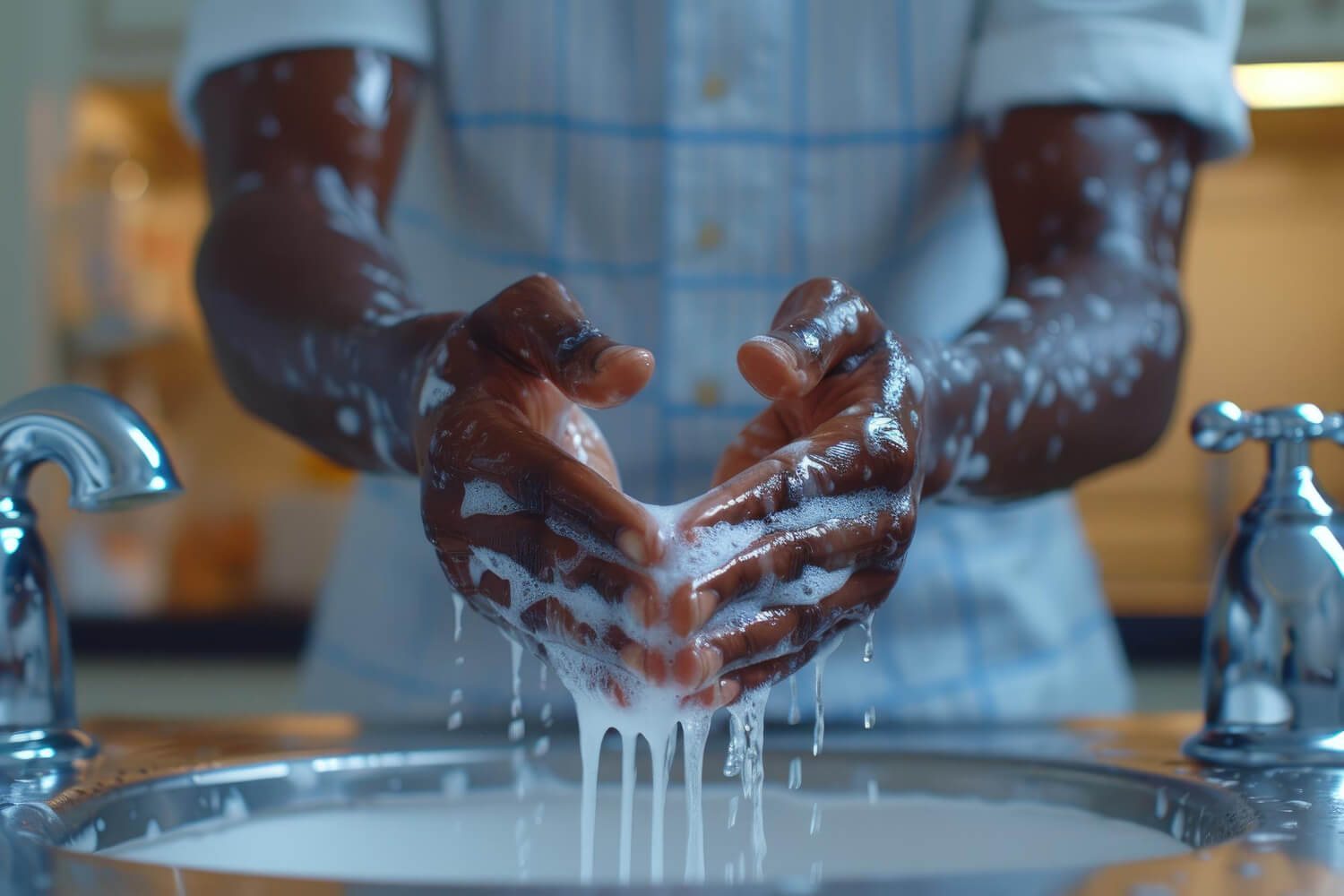 Close-up shot of soapy hands cupped together over a stainless steel sink, with soapy lather and water dripping down into the basin.