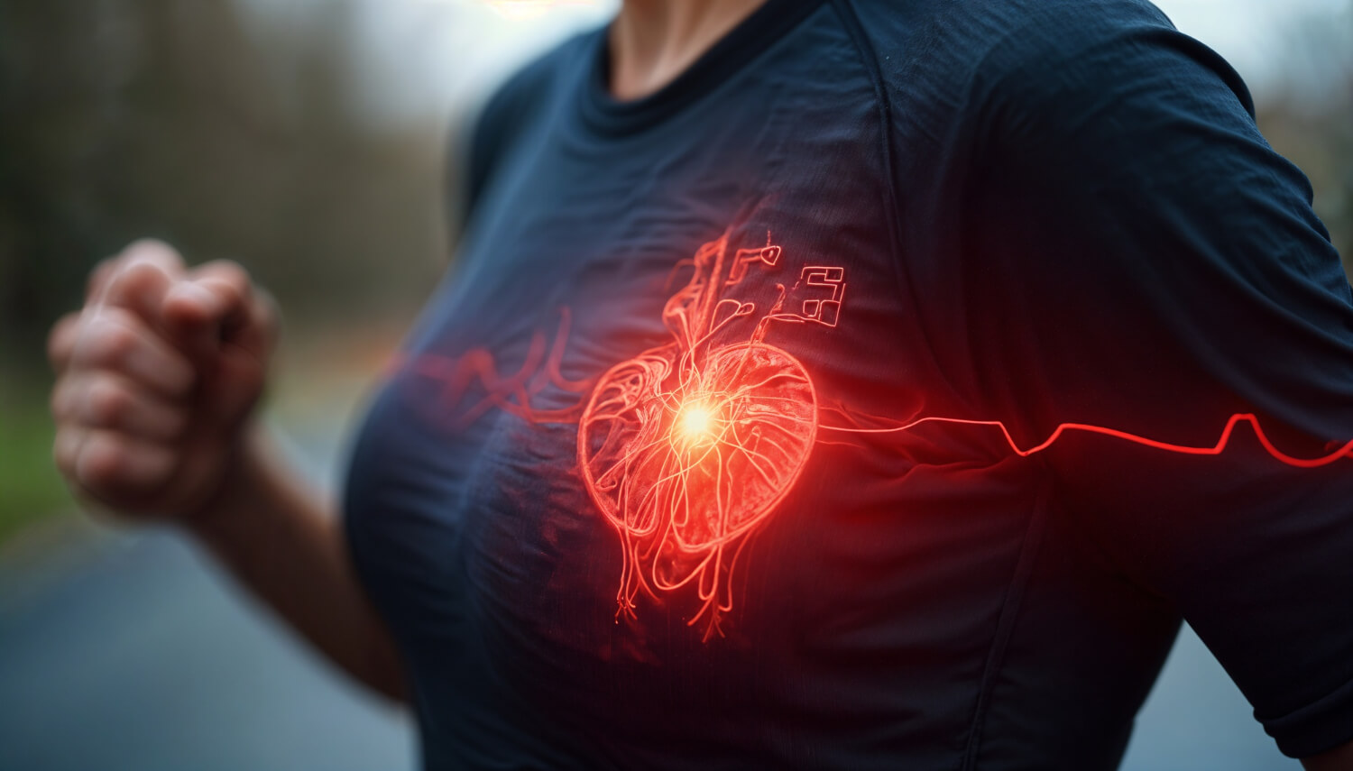 A close-up shot of a person running outdoors with a glowing red graphic of a human heart and an EKG line overlaid on their chest.